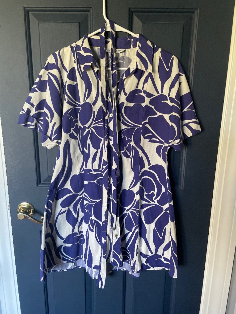 Zara Floral Print Shirt Dress in Blue & White Small